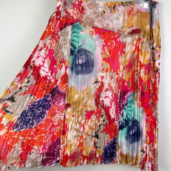 Tribal Colorful Pleated A Line Knee Length Skirt Floral Orange Pink Blue Yello 6 - Picture 2 of 10